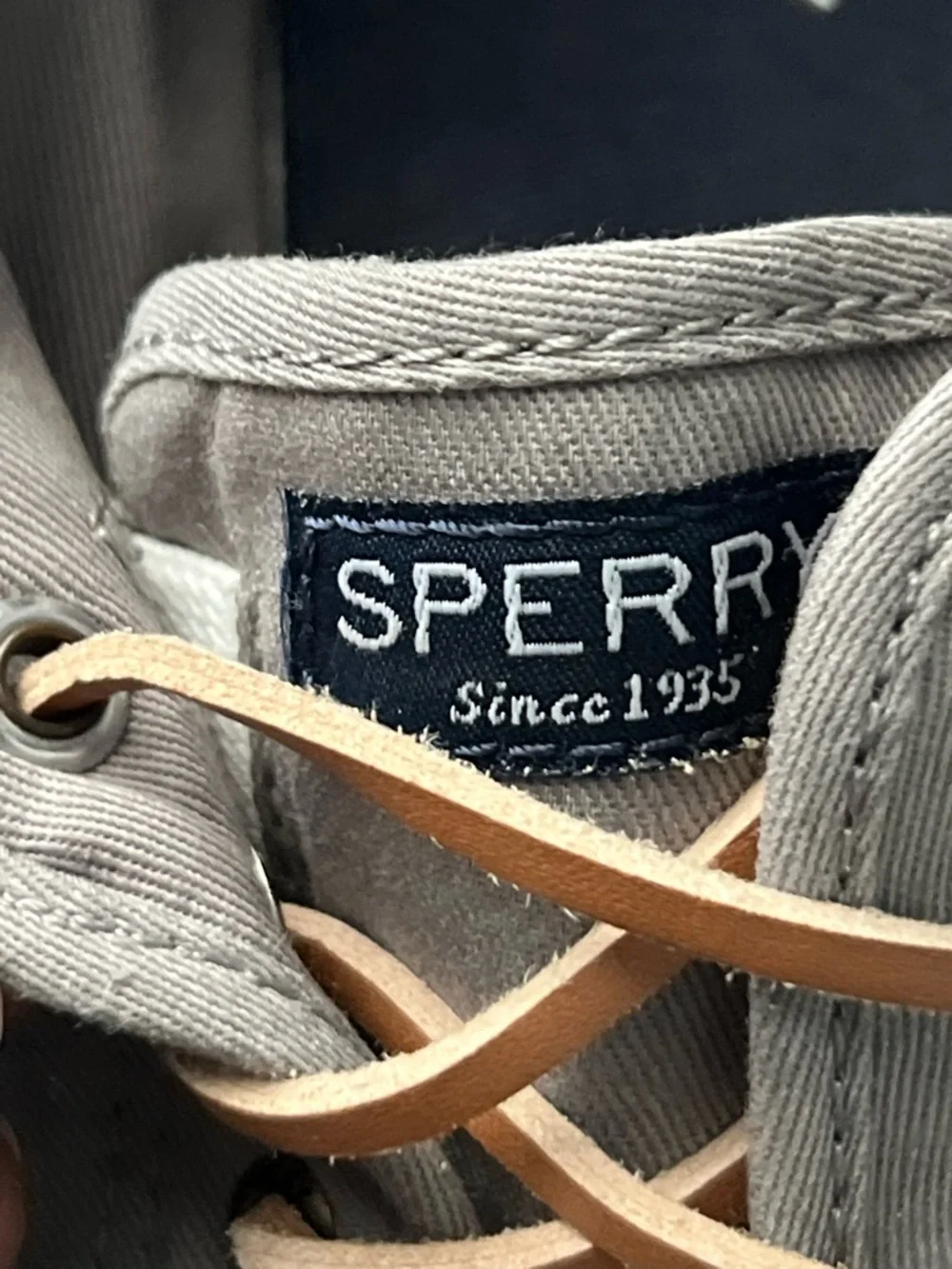 Sperry Men’s Gray Canvas Boat Shoes with Tan Leather Laces, Size 10M